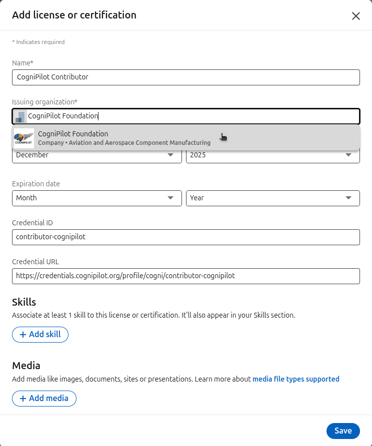 Select CogniPilot Foundation as issuing organization