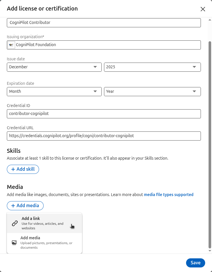 Click Add media and select Add a link
